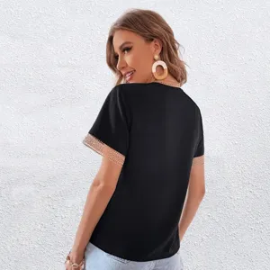 Elegant black short sleeve blouse for women with lace trim design, perfect for daily wear.