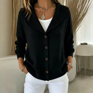 Women solid color knit cardigan sweater with lapel and button closure for autumn winter.