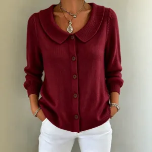 Damen Bordeaux Strickjacke Eleganter Revers Knopf Langarm Pullover Oberteil Hauptbild