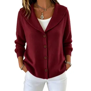 Women's solid color knit cardigan sweater with lapel collar and button front closure main view.