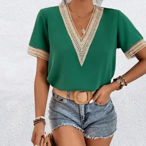 Green V-neck short sleeve blouse with elegant lace trim for women spring summer daily wear.
