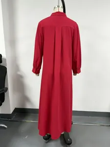 Back view detail of a solid red long sleeve shirt dress, elegant casual style wear.