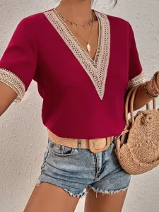 V-neck lace trim short sleeve blouse women summer casual elegant top shirt detail view