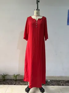 Red long sleeve maxi dress for women, casual V-neck button design, elegant loose fit.