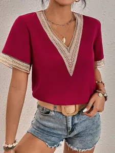 V-neck short sleeve blouse with delicate beige lace trim detail, elegant commuting style top for women.