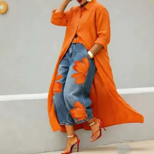 Elegant Women Cotton Linen Shirt Dress Long Sleeve Button Down Lapel Loose Fit Solid Color Maxi Dress Casual Outwear