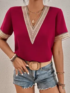 Chic women's short-sleeve V-neck top with delicate lace trim for casual summer daily wear.