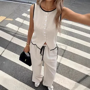 Vista dettagliata del set casual in lino con gilet e pantaloni nello stile urbano.