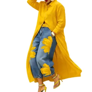 Women long yellow shirt dress and floral jeans set casual fashion outfit for spring summer