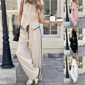 Completi Moda Donna Top And Bottom Gilet Senza Maniche con Bottoni e Pantaloni Lunghi a Gamba Larga Bordo a Contrasto Abbigliamento Casual Estivo