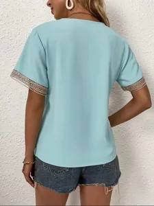 Light blue V-neck short sleeve top with delicate lace trim cuffs, casual loose commuting style shirt