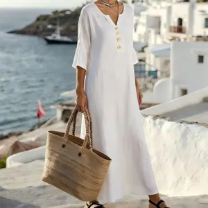White V-neck maxi dress with vintage buttons for women elegant resort wear beach 2026