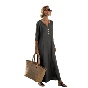 Casual long sleeve V-neck maxi dress for women, loose fit linen dress with wooden buttons for daily wear.