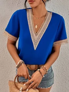 Blue V-neck short sleeve top with delicate beige lace trim detail for women detailing shot