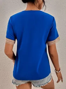 Royal blue women's short-sleeve top featuring delicate lace trim cuffs and casual loose fit design.