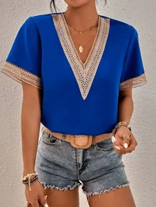 Women's short sleeve V-neck top with elegant crochet lace trim details, casual summer wear.