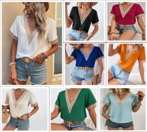 Women V Neck Lace Patchwork Blouse Elegant Short Sleeve Polyester Shirt Casual Office Loose Summer Top For Women