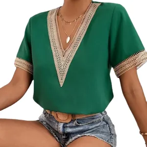 Green V-neck short sleeve blouse with elegant lace trim, loose casual women summer top.