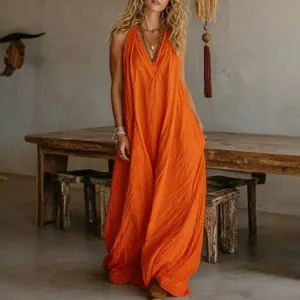 Casual sleeveless loose long dress for women, vibrant orange maxi dress with pockets.