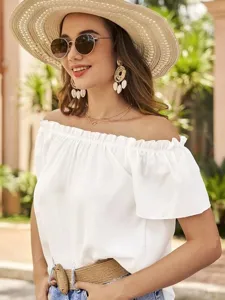 Damen Schulterfreie Rüschen Kurzarm Bluse, modisches Sommer Freizeit Resort Oberteil.