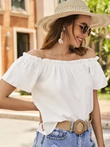 Elegante weiße Schulterfreie Rüschen Kurzarm Bluse für Damen Sommer Freizeitkleidung.