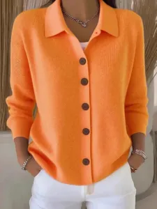 Oranger Strick-Polo-Cardigan für Damen, Herbst Winter lässiger Langarm Pullover Mantel.