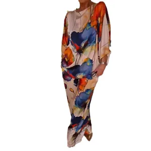 Women Summer Autumn Satin Abstract Floral Print Batwing Sleeve Loose Two-Piece Outfit