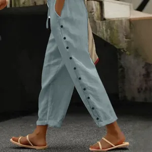 Pantalon court femme coton lin décontracté couleur unie cordon boutons latéraux neuf chic