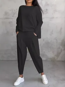 Women's Casual Long Sleeve Sweatshirt And Harem Pants Two Piece Set Solid Color Loose Pullover Outfit Streetwear Jogger Tracksuit