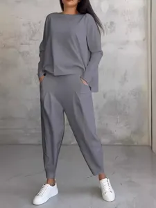 2024 New Women Casual Two-Piece Set Long Sleeve Sweatshirt Harem Pants Solid Gray