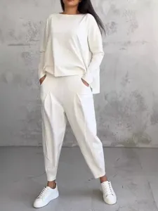 Women casual long sleeve sweatshirt and harem pants set loose irregular design stylish outfit