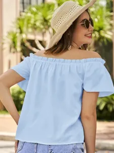 Damen hellblaue Schulterfreie Rüschen Bluse Sommer lässiges Kurzarm schickes Top Mode Kleidung