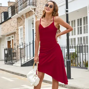 Stunning red satin cowl neck asymmetric strap midi dress for women, elegant party wear.