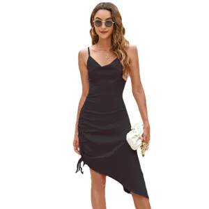 Satin cowl neck asymmetric drawstring slip dress for women, elegant black party dress.