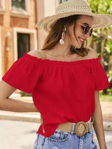 Rotes schulterfreies Rüschenbluse Damen Sommer lässig stylisch Top Bekleidung Detailansicht