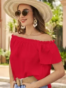 Rote schulterfreie Rüschenbluse für Damen, modisches Sommer Top mit kurzen Ärmeln für den Alltag.