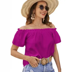 Damen Schulterfreies Sommer-Top mit Rüschen in leuchtendem Magenta für Freizeit und Urlaub.