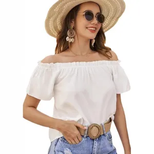 Damen schulterfreie Rüschen Kurzarm weiße Bluse Sommer casual Top Mode Kleidung
