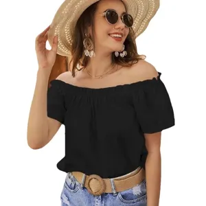 Damen schulterfreie schwarze Rüschen Kurzarm Bluse Top für Sommer Mode und Alltag.