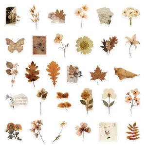 Vintage dried flower leaf stickers set, aesthetic retro botanical decals for journal notebook.