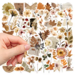 Vintage botanical stickers set, retro dried flower and leaf scrapbooking decals for journaling and DIY.