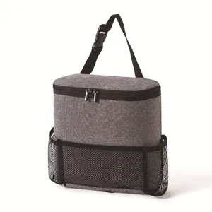 Grey multi-functional car seat back organizer insulated cooler bag with mesh storage pockets.