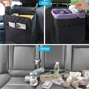 Organizador de respaldo de asiento de coche de cuero PU con múltiples bolsillos y bolsa de basura.