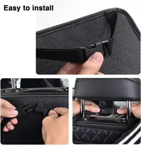 Detalle de organizador de asiento auto con correas ajustables y hebilla para fácil instalación.