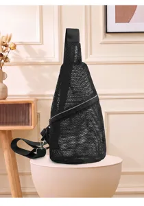Bolso de pecho de malla negra detalle, bandolera transpirable de poliéster para deportes.