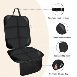 Vista detallada del protector de asiento de coche negro con correa ajustable y bolsillo.