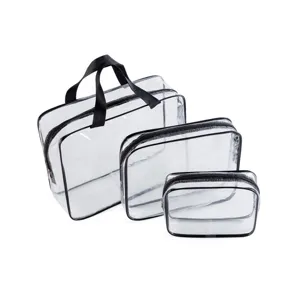 Transparente Kulturtasche Kosmetiktasche wasserdicht PVC Make-up Tasche Reise Set 3 Stueck schwarz.