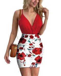 Femme haut caraco col V rouge sexy et ensemble jupe moulante imprimee fleurs blanche vue.