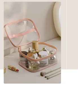 Bolsa cosmética transparente impermeable de PVC detalle, organizador de maquillaje claro.