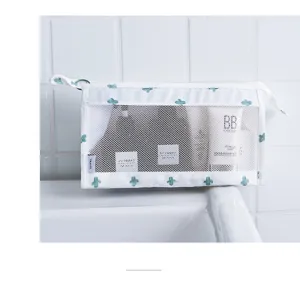 Trousse de toilette en filet blanc portable avec motif cactus, pochette de voyage suspendue.